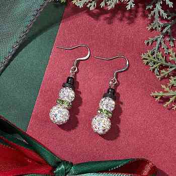 304 Stainless Steel Dangle Earrings, with Brass Rhinestone and Polymer Clay Rhinestone Beads, For Christmas, Snowman, Peridot, 42x17mm