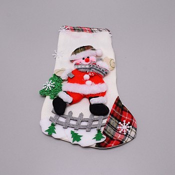 Santa Claus Cloth Hanging Christmas Stocking, with Plaid Pattern, Candy Gift Bag, for Christmas Tree Decoration, White, 320x208x16.5mm