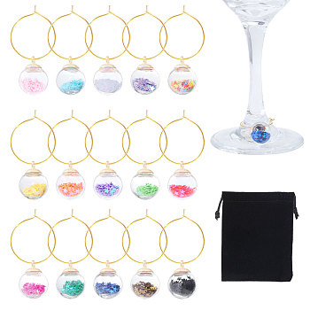 30Pcs 15 Colors Glass Ball with Star Glitter Sequins inside Wine Glass Charms, with Brass Rings, Mixed Color, 47mm, 2pcs/color