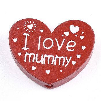 Natural Wood Beads, Dyed, Heart with Word I Love Mummy, For Mother's Day Jewelry Making, Red, 23x29x7mm, Hole: 2.5mm