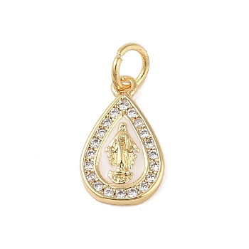 Brass Micro Pave Clear Cubic Zirconia Pendants, with Enamel and Jump Ring, Real 18K Gold Plated, Teardrop, 13.5x8.5x2mm, Hole: 3mm