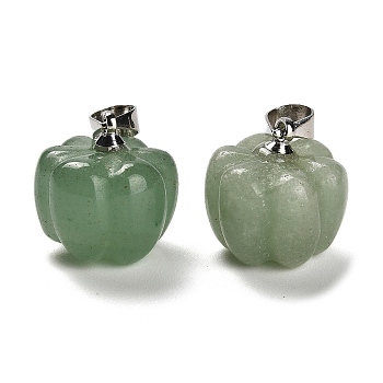 Natural Green Aventurine Pumpkin Charms, with Platinum Tone Rack Plating Brass Snap on Bails, Lead Free & Cadmium Free, 13.5x13mm, Hole: 4x3.5mm