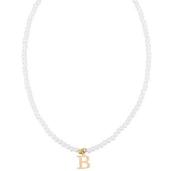 Imitation Pearl with Stainless Steel Pendants Necklaces, Lead Free & Nickel Free & Cadmium Free, Letter, Letter B, 15.83~16.22 inch(40.2~41.2cm), end extender: 48~51mm long, pendants: 12.5x9.5mm