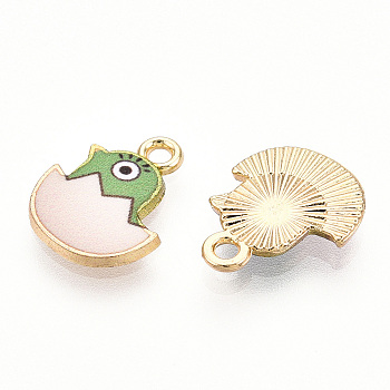 Printed Light Gold Tone Alloy Pendants, Chick in Egg Charms, Dark Sea Green, 15.5x12.5x2mm, Hole: 1.6mm