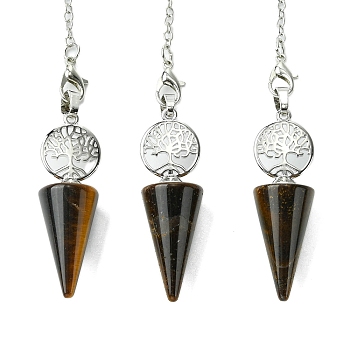 Natural Tiger Eye Cone Dowsing Pendulum Big Pendants, with Tree of Life Rack Plating Platinum Plated Brass Findings, Cadmium Free & Lead Free, 220~240mm, Hole: 1.5~2mm