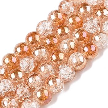 Electroplated Crackle Glass Beads Strands, Half Plated, Round, Coral, 8~8.5mm, Hole: 1~1.2mm, about 50~51pcs/strand, 14.57~14.96 inch(37~38cm)