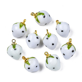 Handmade Porcelain Pendants, with Golden Plated Brass Findings, Famille Rose Style, 3D Strawberry, WhiteSmoke, 14~16x10~11mm, Hole: 1.6mm