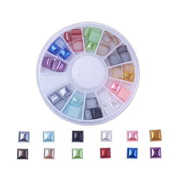 ABS Plastic Imitation Pearl Cabochons, Square, Mixed Color, 6x6x2.4mm, 3pcs/color, 36pcs/box