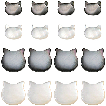 16Pcs 4 Styles Natural White Shell & Black Lip Shell Beads, Cat Head, 6~10x7~10x3~4mm, Hole: 0.7~0.9mm, 4pcs/style