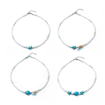 4Pcs 4 Style Natural Pearl & Shell & Dyed Synthetic Turquoise Beaded Necklaces Set, Gemstone Starfish & Tortoise Ocean Theme Necklaces for Women, Stainless Steel Color, 16.14 inch(41cm), 1Pc/style