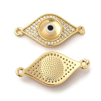 Rack Plating Real 18K Gold Plated Brass Micro Pave Clear Cubic Zirconia Connector Charms, Evil Eye Links with Handmade Lampwork, Cadmium Free & Lead Free, Long-Lasting, Clear, 13x27x4mm, Hole: 1.5mm