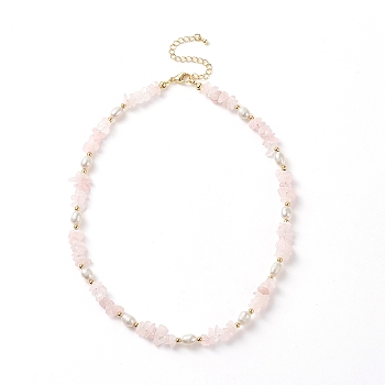 Natural Rose Quartz Chips & Pearl Beaded Necklace, Gemstone Jewelry for Women, 15.35 inch(39cm)
