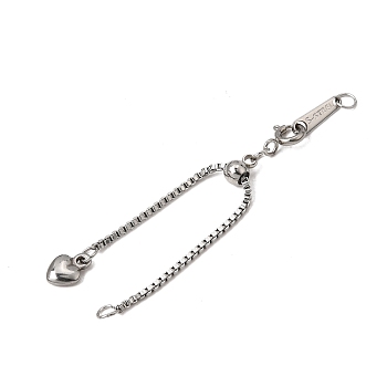 Adjustable 304 Stainless Steel Box Chain Extender, with Heart Charm, Stainless Steel Color, 90mm