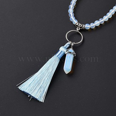 Opalite Bullet & Tassel Pendant Necklace with Mixed Gemstone Beaded Chains(NJEW-E585-02F)-4