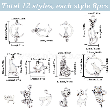 96Pcs 12 Styles Tibetan Style Alloy Kitten Pendants(FIND-SC0007-17)-2