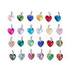 Glass Pendants, with Brass Findings, Heart, Platinum, Mixed Color, 19x14x7mm, Hole: 5x4mm, 24pcs/set(PALLOY-JF02756)