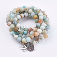 Natural Amazonite Wrap Bracelets, with Alloy Finding, Om Symbol and Tree of Life, 36.22 inch~39.37 inch(92~100cm)(BJEW-E329-06D)
