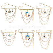 6Pcs 3 Style Evil Eye Shape Alloy Safety Pin Broochs Sets, with Plastic Pearl, Enamel, Iron Chain & Rhinestone for Backpack Clothes, Golden, 70x77.5~92x5~5.5mm, 2pcs/style(JEWB-NB0001-21G)