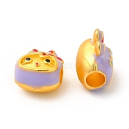 Rack Plating Alloy Enamel European Beads, Large Hole Bead, Rabbit with Bowknot, Matte Gold Color, Lilac, 12.5x9.5x8mm, Hole: 4mm(ENAM-M048-11MG-A)