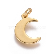 304 Stainless Steel Pendants, with Jump Rings, Moon, Golden, 15.5x11x1mm, Hole: 3mm(STAS-D0002-24G)