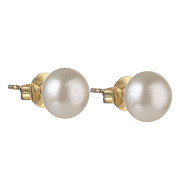 Natural Pearl Rondelle Stud Earrings, 304 Stainless Steel Earring Post, Golden, White, 7~7.5mm, Pin: 0.7mm(EJEW-JE04585-03)