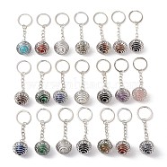 Natural & Synthetic Gemstone Keychain, with Platinum Tone Alloy Key Ring and Brass Findings, Lead Free & Cadmium Free, Round, 8.6cm(KEYC-E035-01P)
