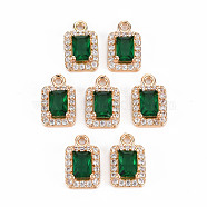 Rack Plating Brass Micro Pave Clear Cubic Zirconia Charms, with Faceted Glass, Long-Lasting Plated, Cadmium Free & Lead Free, Rectangle, Green, 13x8x4.5mm, Hole: 1.4mm(X-KK-T060-13-RS)
