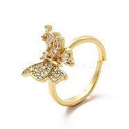 Cubic Zirconia Butterfly Open Cuff Ring, Real 18K Gold Plated Jewelry for Women, Clear, US Size 7 3/4(17.9mm)(KK-H439-51B-G)