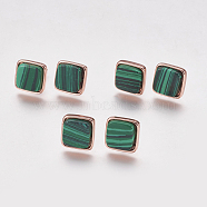Synthetic Malachite Stud Earrings, with Brass Findings, Real Rose Gold Plated, Square, 12x12x4.5~6mm, Pin: 1mm(EJEW-F139-A01)