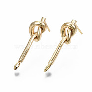Brass Stud Earring Findings, with Loop, Nickel Free, Knot, Real 18K Gold Plated, 23x6.5mm, Hole: 2.5mm, Pin: 0.7mm(KK-S360-009-NF)