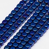 Electroplate Non-magnetic Synthetic Hematite Beads Strands, Cube, Grade A, Blue Plated, 4x4x4mm, Hole: 1mm, about 100pcs/strand, 16 inch(G-J172-4x4mm-01)