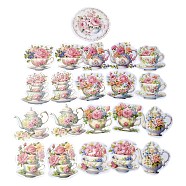 20Pcs Romantic FLower Tea Cup and Pot PVC Self-Adhesive Waterproof Decorative Stickers, for DIY Scrapbooking, Light Coral, 70~83x70~75x0.2mm(STIC-P007-A05)