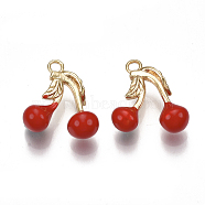 Brass Charms, with Enamel, Cherry, Red, Nickel Free, Real 18K Gold Plated, 14x13x5mm, Hole: 1.6mm(X-KK-S350-171G)
