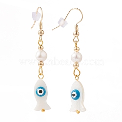 Fish with Evil Eye Dangle Earrings, with Natural Freshwater Shell Beads, Pearl Beads, Plastic Ear Nuts and Golden Plated Brass Earring Hooks, Dodger Blue, 54mm, Pin: 0.7mm(EJEW-JE04416-02)