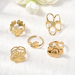 5Pcs 304 Stainless Steel Open Cuff Rings for Women, Ion Plating(IP), Flower, Real 18K Gold Plated, 5~30mm, Inner Diameter: 16.6~18.4mm(RJEW-K313-11G)