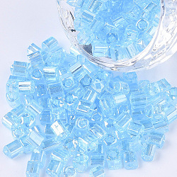 6/0 Glass Seed Beads, Transparent Colours Luster, Square Hole, Cube, Light Sky Blue, 6/0, 3~5x3~4x3~4mm, Hole: 1.2~1.4mm, about 4500pcs/bag(SEED-S027-05B-03)