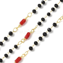 Brass Link Chains, with Glass Beads, Ion Plating(IP), Soldered, Real 18K Gold Plated, with Spool, Red, 13.5x3mm, 10m/roll.(CHC-C009-01G-06)