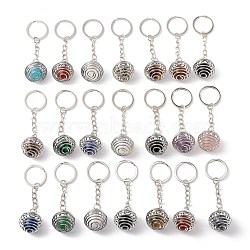 Natural & Synthetic Gemstone Keychain, with Platinum Tone Alloy Key Ring and Brass Findings, Lead Free & Cadmium Free, Round, 8.6cm(KEYC-E035-01P)