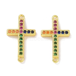 Real 18K Gold Plated Brass Micro Pave Cubic Zirconia Connector Charms, Religion Cross Links, Colorful, 18x10.5x2.5mm, Hole: 0.9mm(KK-L209-041G-01)