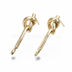 Brass Stud Earring Findings, with Loop, Nickel Free, Knot, Real 18K Gold Plated, 23x6.5mm, Hole: 2.5mm, Pin: 0.7mm(KK-S360-009-NF)