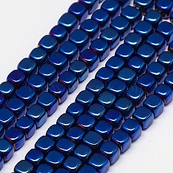 Electroplate Non-magnetic Synthetic Hematite Beads Strands, Cube, Grade A, Blue Plated, 4x4x4mm, Hole: 1mm, about 100pcs/strand, 16 inch(G-J172-4x4mm-01)