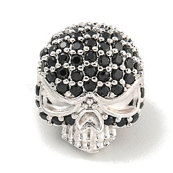 Brass Micro Pave Black Cubic Zirconia Beads, Skull, Platinum, 10x11x10mm, Hole: 1.5mm(ZIRC-P119-14P-02)