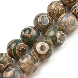 Natural Tibetan 3-Eye dZi Agate Beads Strands, Round, Dyed & Heated, Dark Olive Green, 10~10.5mm, Hole: 1.2mm, about 35pcs/strand, 13.70''(34.8cm)(G-A240-A03-01)