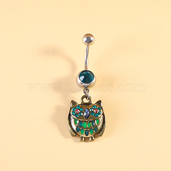 316L Surgical Stainless Steel Pave Cubic Zirconia Enamel Dangle Curved Barbell Belly Rings, Stainless Steel Color, Owl, Bar Length: 3/8"(10mm), Pin: 1.6mm(FS-WGB5546-15)