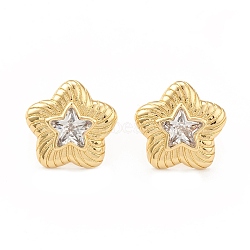 Clear Cubic Zirconia Star Stud Earrings, Rack Plating Brass Jewelry for Women, Cadmium Free & Lead Free, Real 18K Gold Plated, 15.5x16mm, Pin: 0.7mm(EJEW-L231-73G)