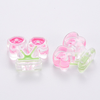 Transparent Acrylic Beads, with Enamel, Bear with Rabbit, Hot Pink, 22.5x26x9mm, Hole: 3mm