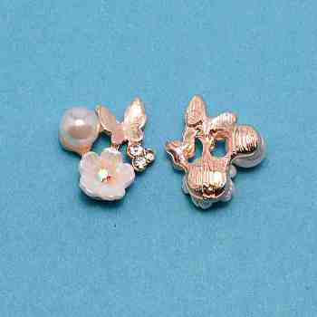 Alloy Butterfly Cabochons, with Plastic Imitation Pearl & Rhinestone & Resin Flower, Cadmium Free & Lead Free, Golden, 14x14x7mm
