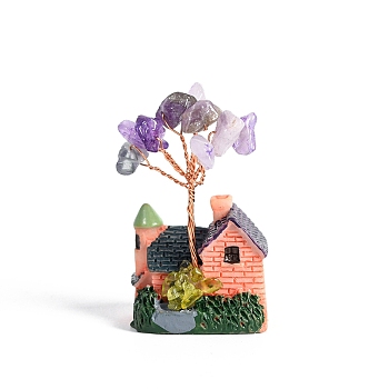 Resin Display Decorations, Reiki Energy Stone Feng Shui Ornament, with Natural Amethyst Tree and Copper Wire, House, 29x20x50~55mm