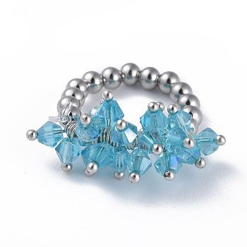 304 Stainless Steel Stretch Finger Rings, with Electroplate Glass Bead and Brass Ball Head pins, Sky Blue, Size 8, 18mm