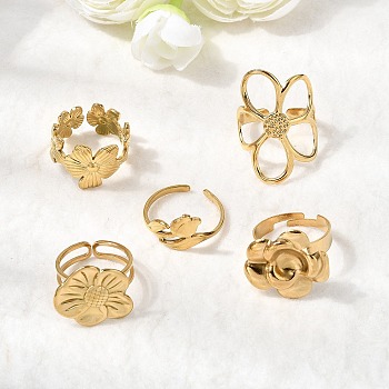 5Pcs 304 Stainless Steel Open Cuff Rings for Women, Ion Plating(IP), Flower, Real 18K Gold Plated, 5~30mm, Inner Diameter: 16.6~18.4mm